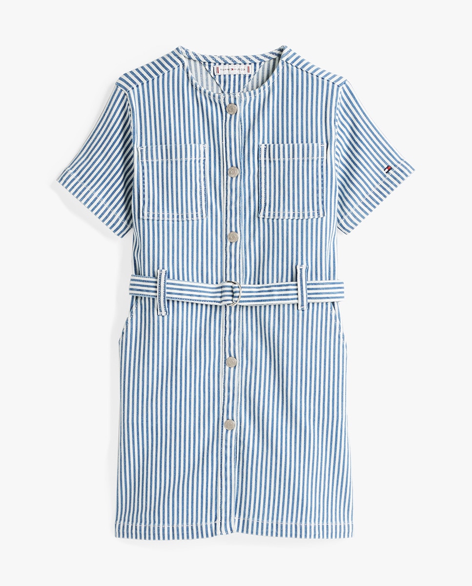 Vestido de Manga Curta de Ganga às Riscas com Cinto Azul-5