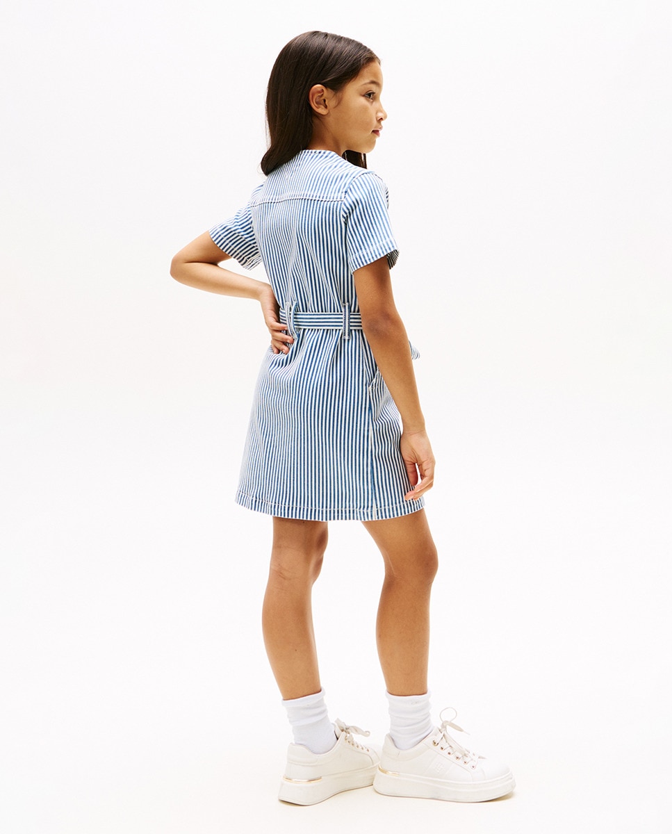 Vestido de Manga Curta de Ganga às Riscas com Cinto Azul-2