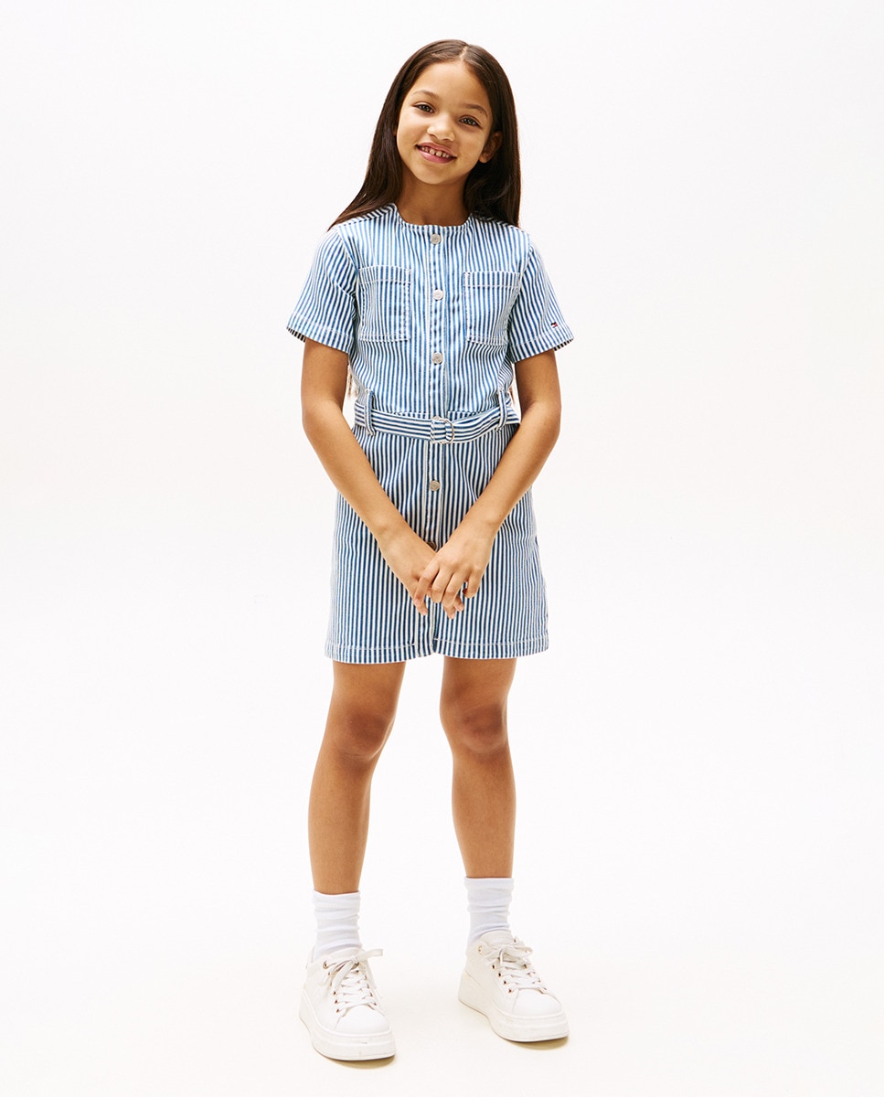 Vestido de Manga Curta de Ganga às Riscas com Cinto Azul-1