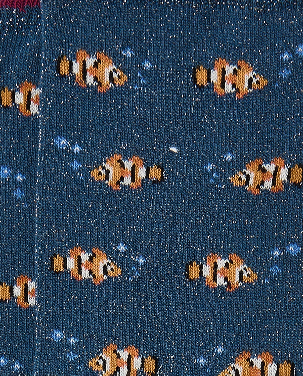 Meias Regular de Fio Metalizado com Peixe Palhaço - Azul Jeans Azul-2