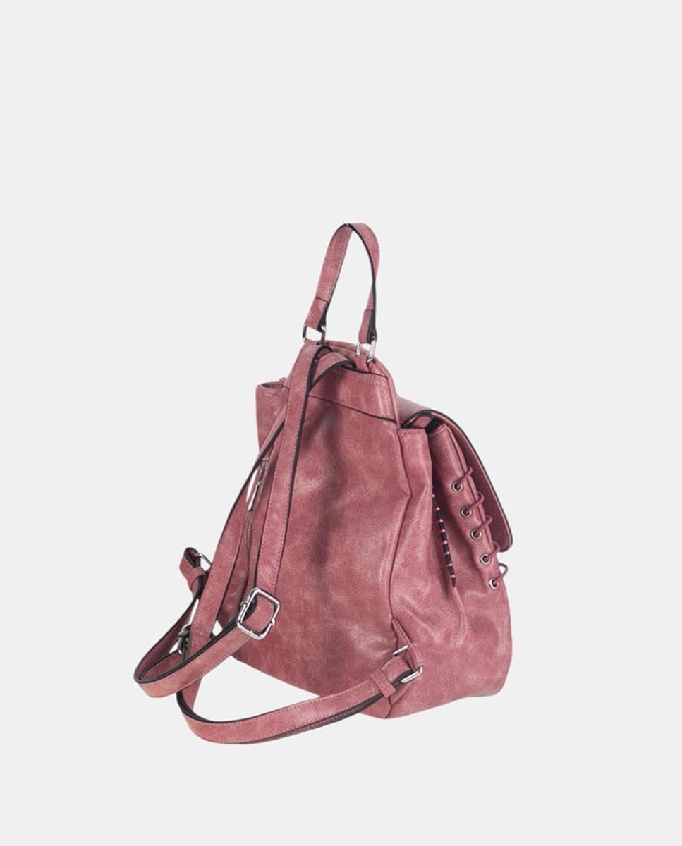 Mochila em PU com Acabamento de Efeito de Lavagem e Detalhes no Fole a Condizer. Fúcsia-2