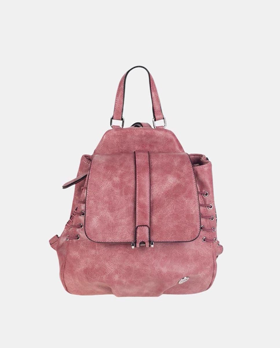 Mochila em PU com Acabamento de Efeito de Lavagem e Detalhes no Fole a Condizer. Fúcsia-1