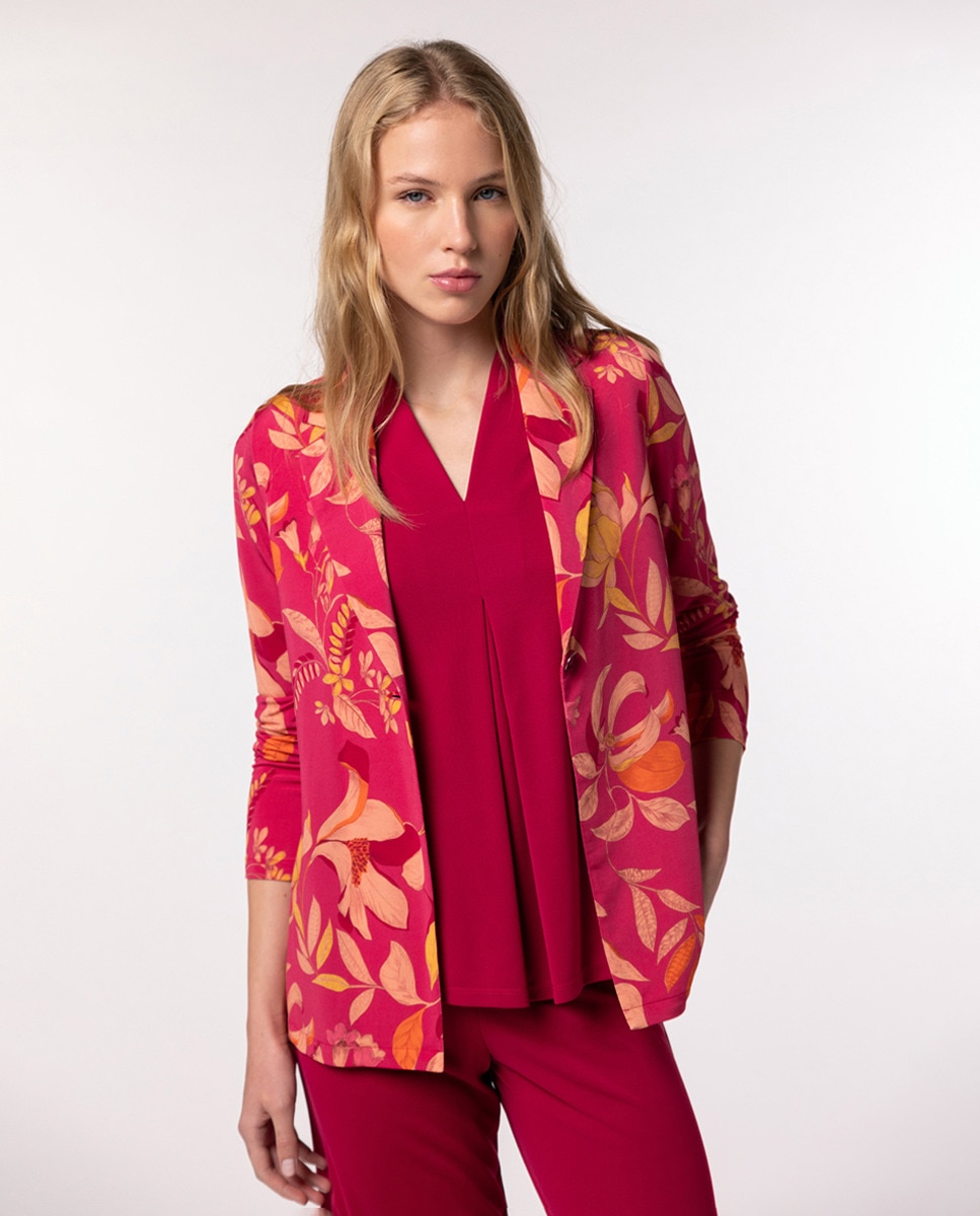 Blazer de Tecido Estampado e Fecho com um Botão Fúcsia-1
