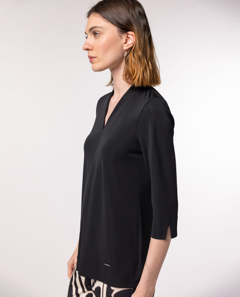 T-shirt com Prega à Frente e Manga 3/4 Preto-3