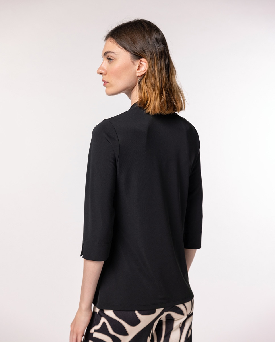 T-shirt com Prega à Frente e Manga 3/4 Preto-2