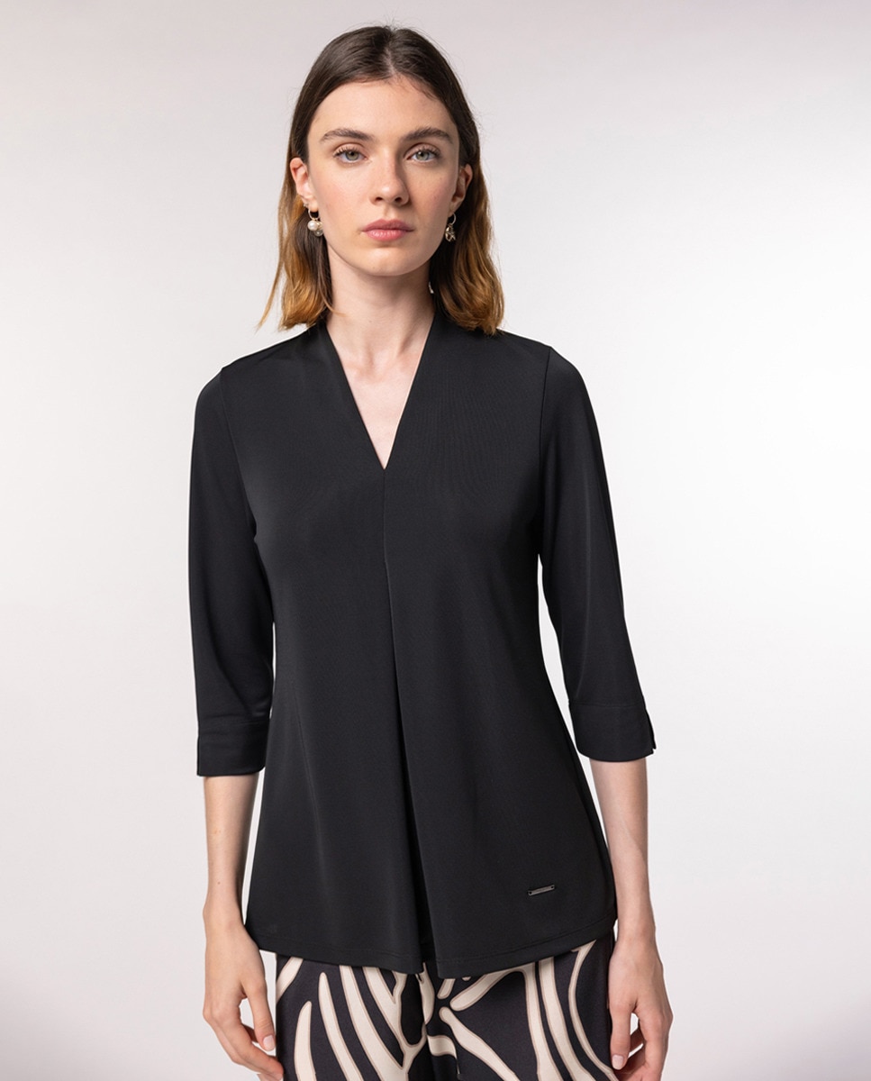 T-shirt com Prega à Frente e Manga 3/4 Preto-1