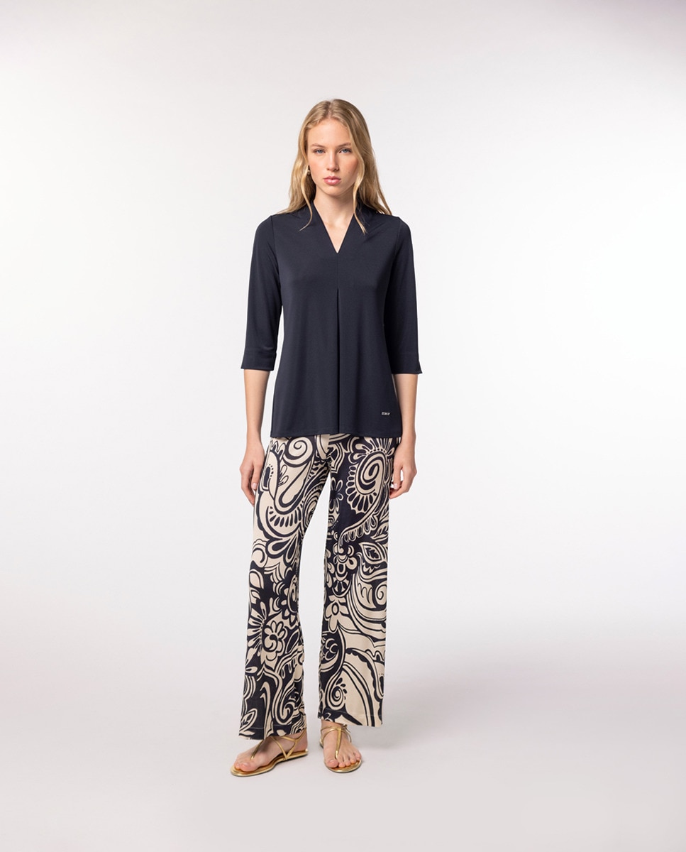 T-shirt com Prega à Frente e Manga 3/4 Azul-marinho-6