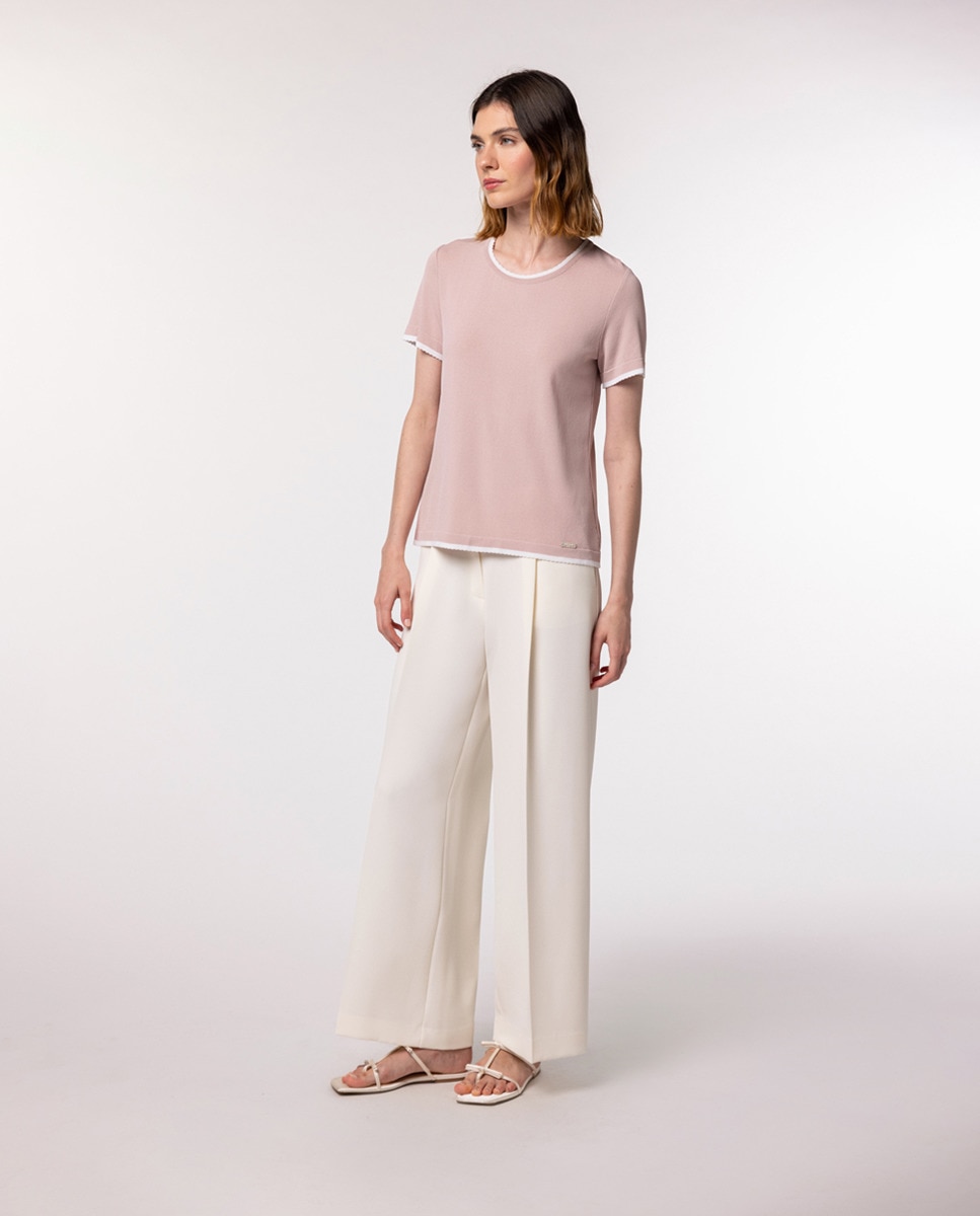 Camisola de Malha de Manga Curta e Decote à Barco Rosa-claro-6