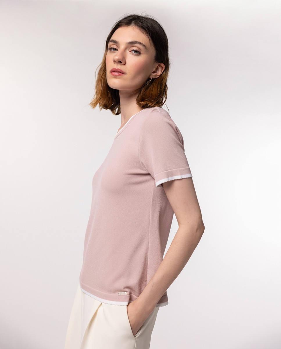 Camisola de Malha de Manga Curta e Decote à Barco Rosa-claro-3