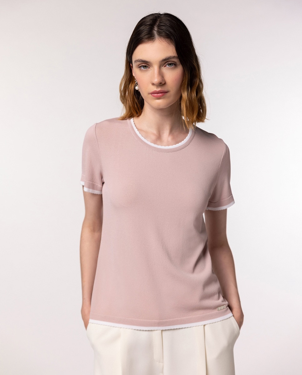 Camisola de Malha de Manga Curta e Decote à Barco Rosa-claro-1