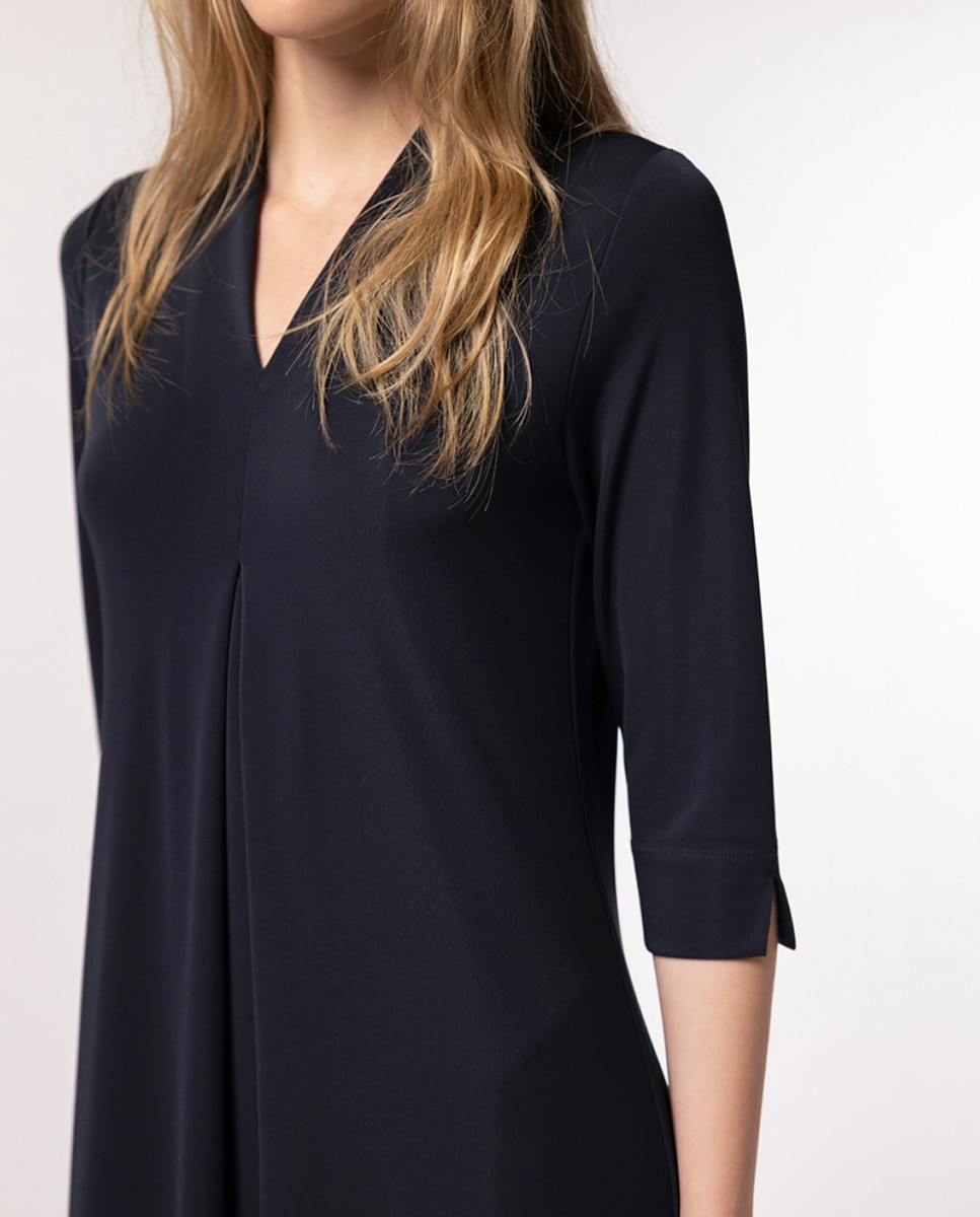 Vestido de Tecido Liso com Prega à Frente Azul-marinho-4