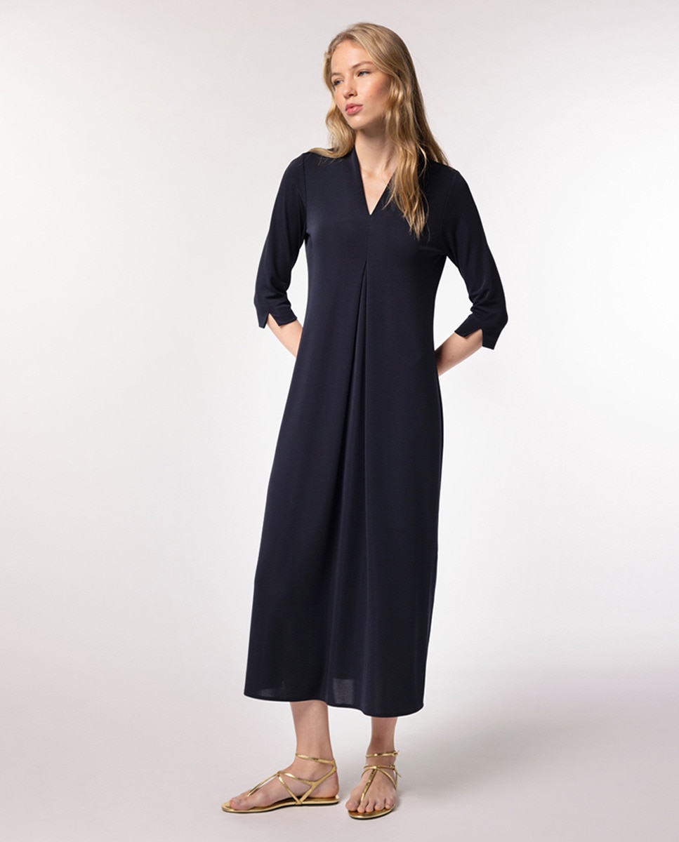 Vestido de Tecido Liso com Prega à Frente Azul-marinho-3
