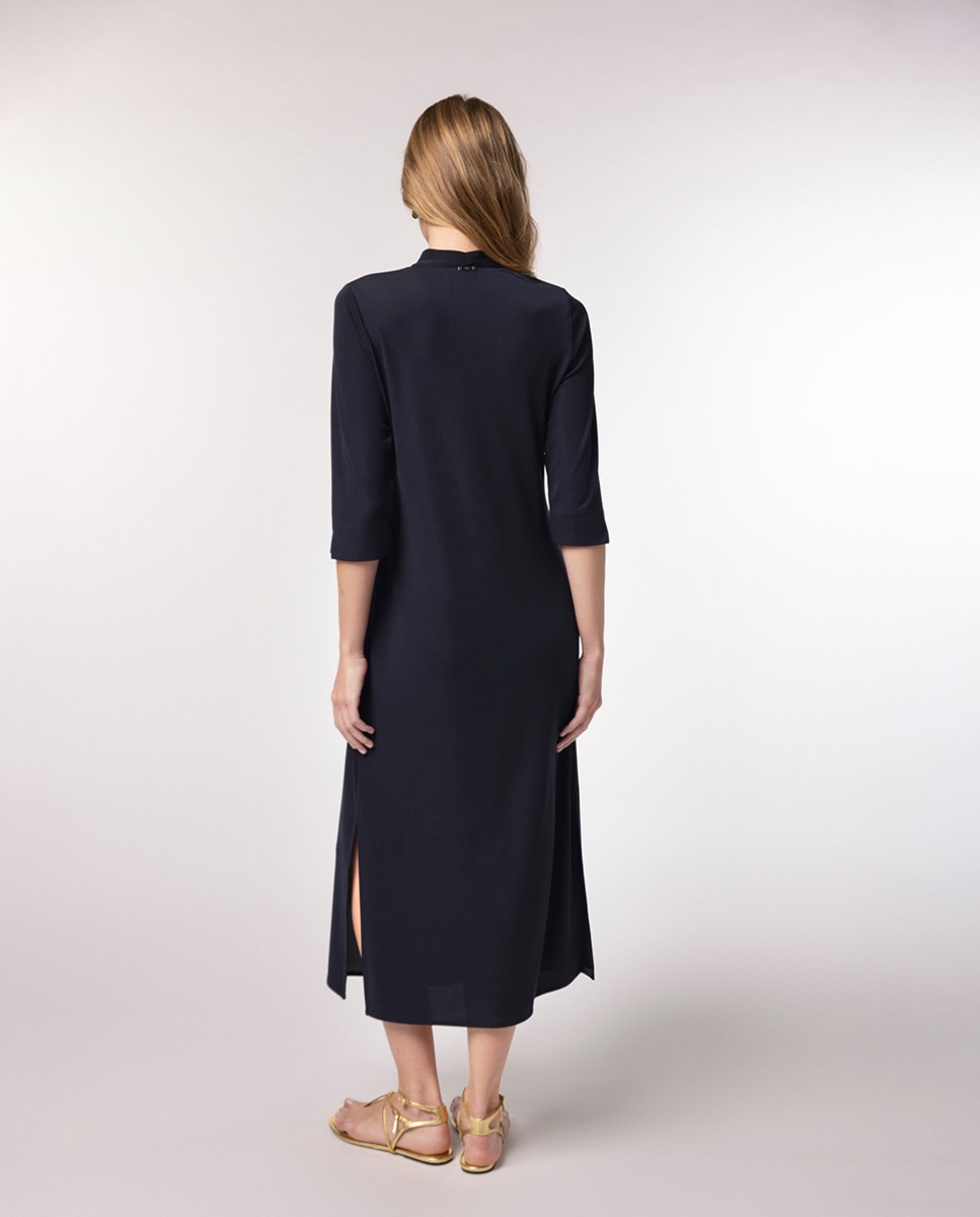 Vestido de Tecido Liso com Prega à Frente Azul-marinho-2