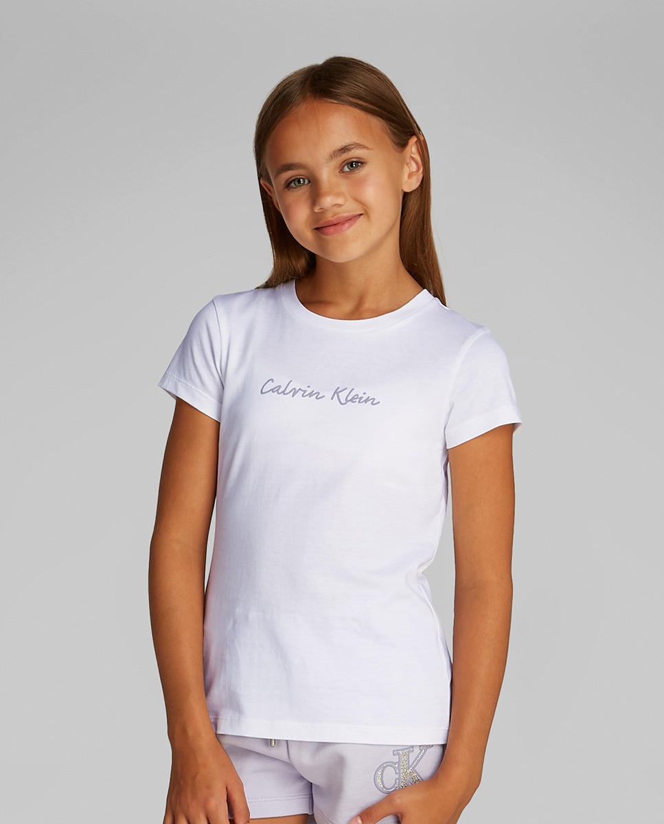 T-shirt de Manga Curta com Logótipo em Cursivo Branco-1