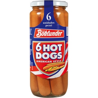 salchichas hot dogs American style 6 unidades frasco 300 g neto escurrido - Boklunder