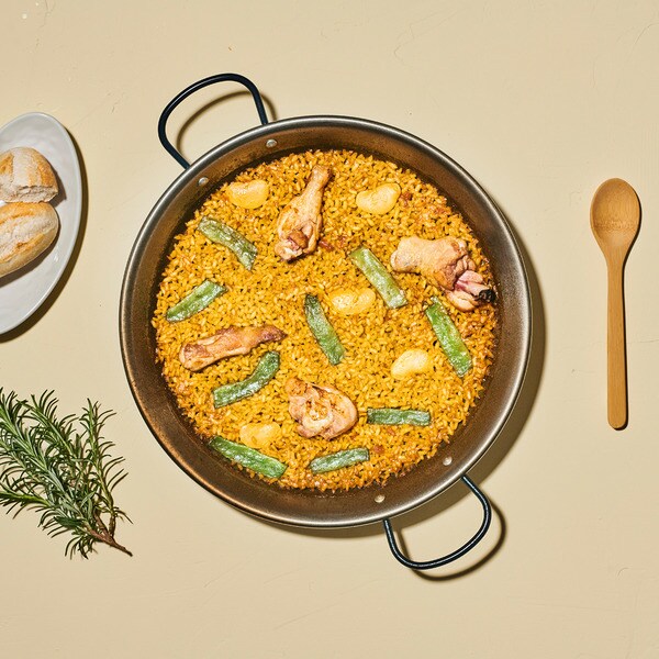 Paella Valenciana Pack mit Dose Gemüse- und Fleischbrühe + Sack Reis J.Sendra 2 Portionen