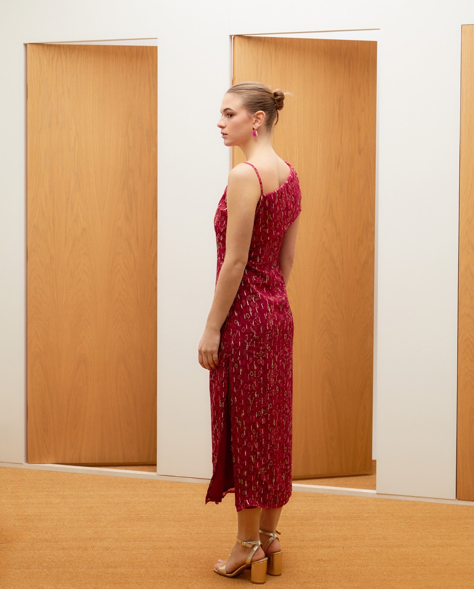 Vestido Comprido Drapeado com Estampado Buganvília-3