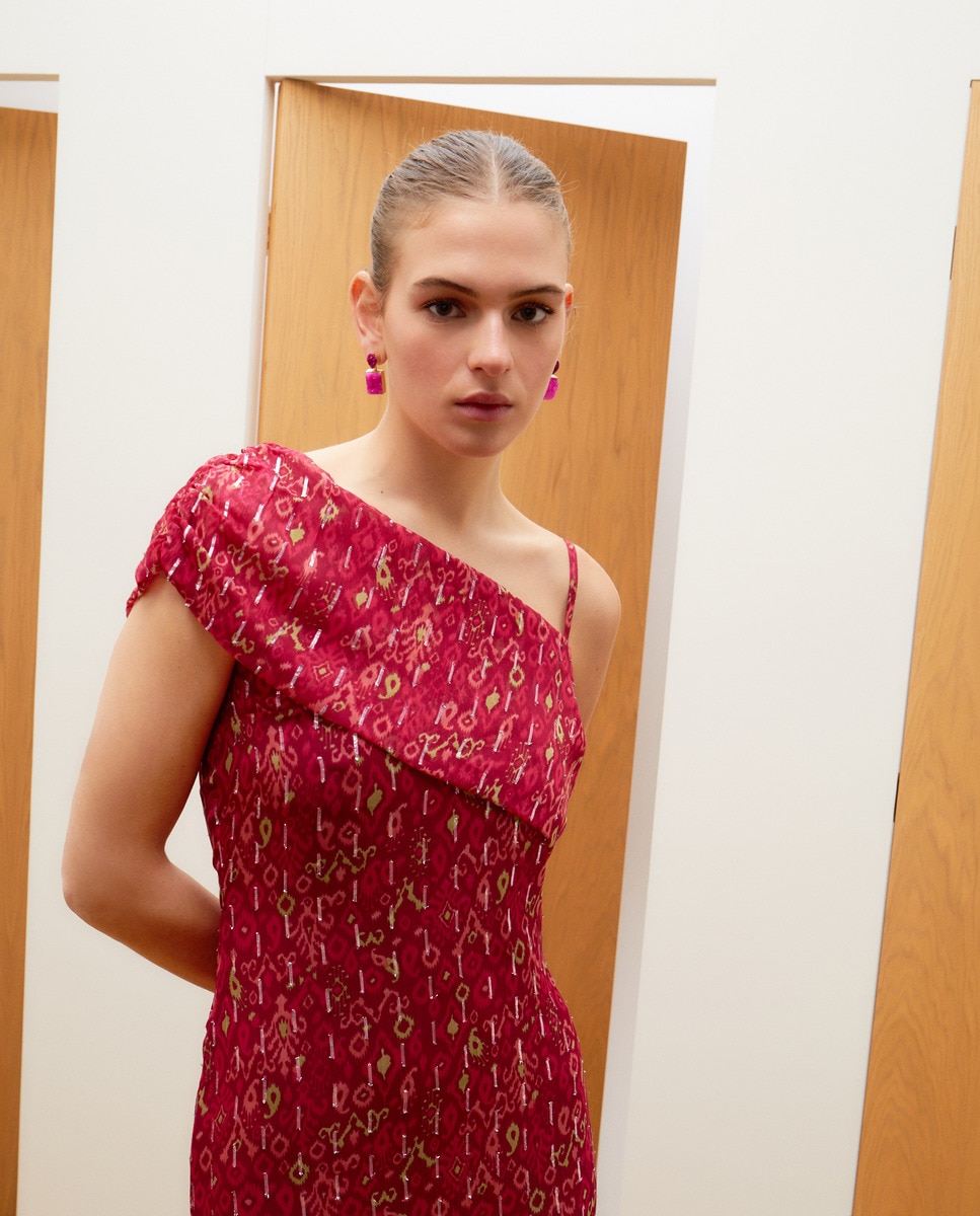 Vestido Comprido Drapeado com Estampado Buganvília-2