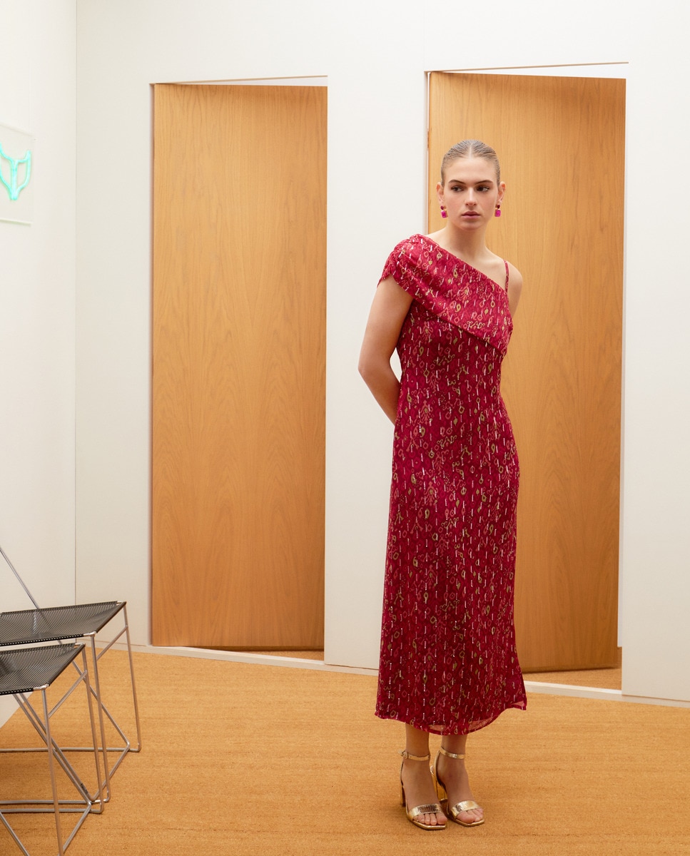 Vestido Comprido Drapeado com Estampado Buganvília-1