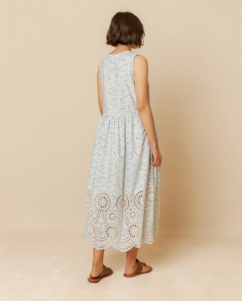 Vestido com decote em bico e sem mangas Azul-2
