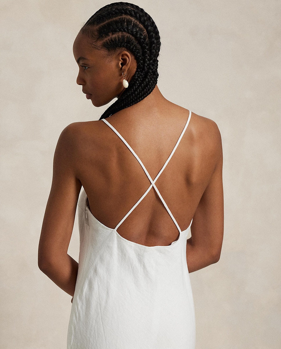Vestido midi de linho Branco-5