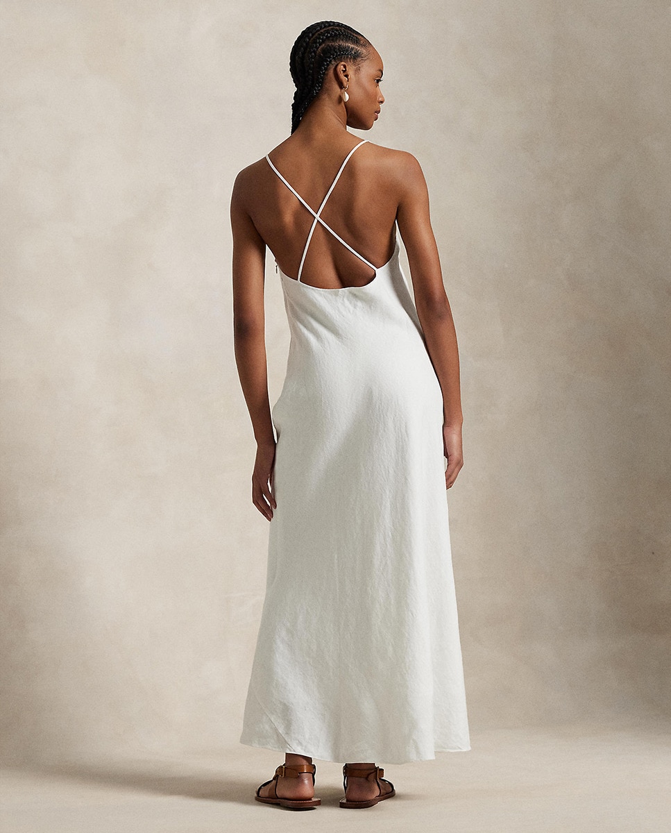 Vestido midi de linho Branco-3