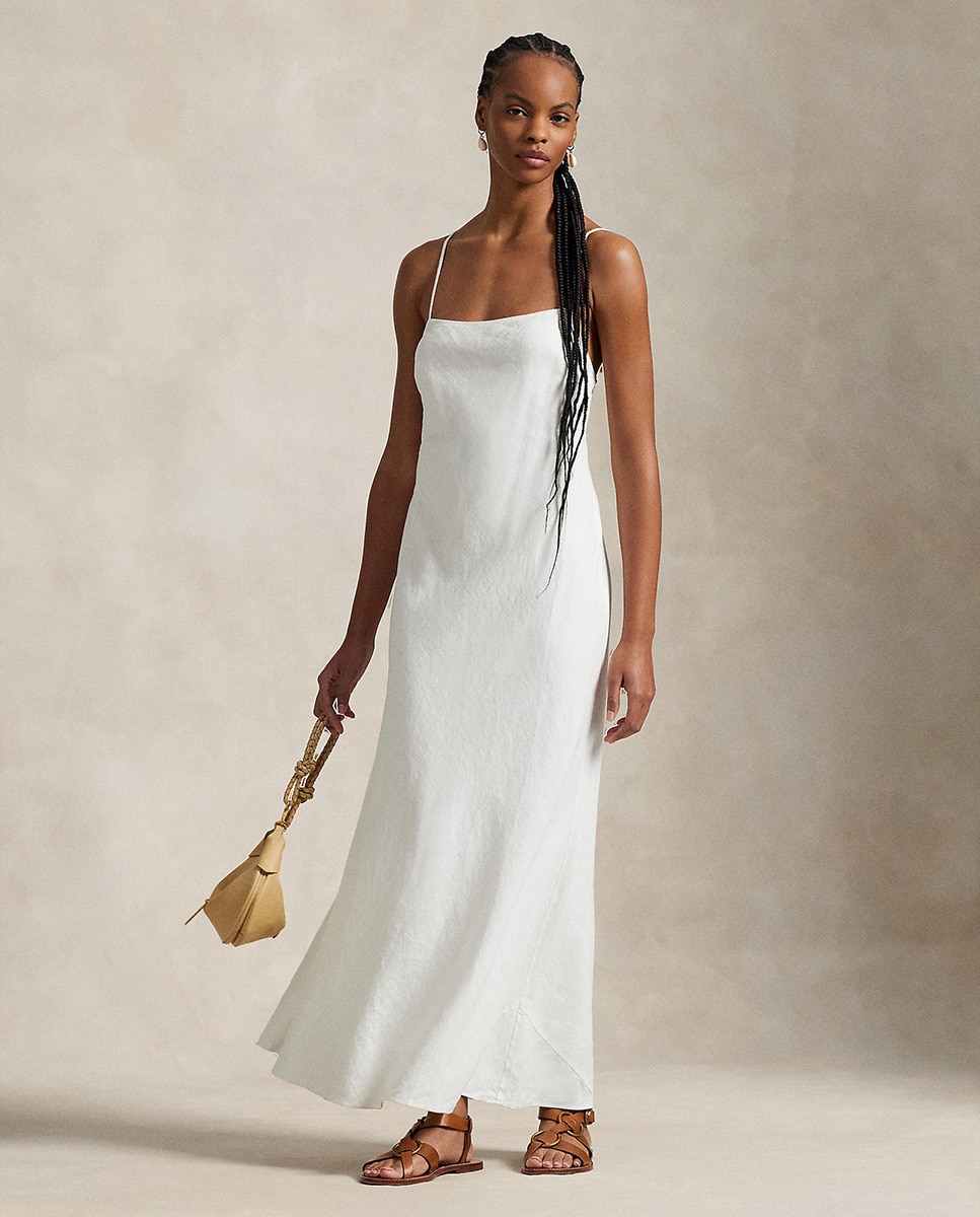 Vestido midi de linho Branco-1