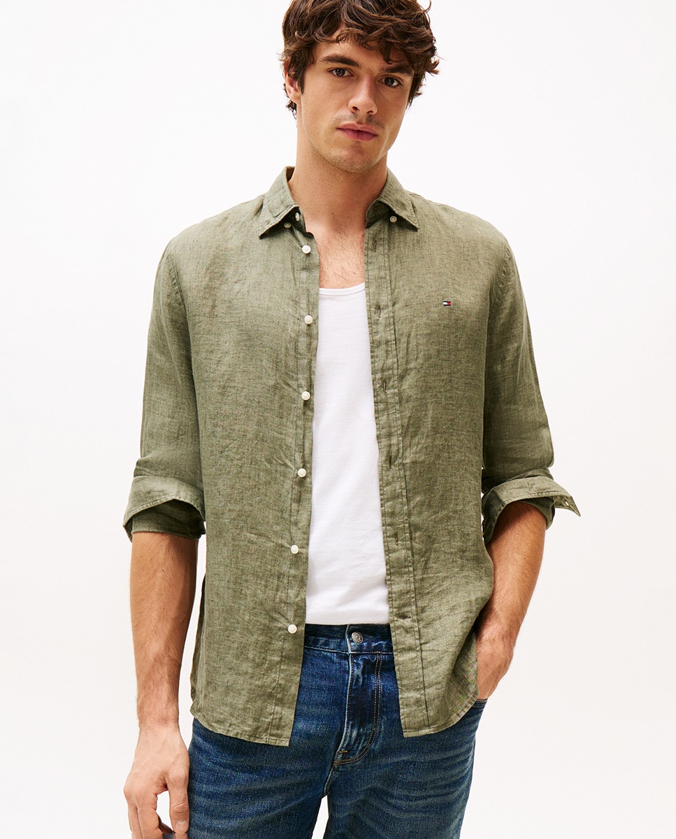 Camisa Lisa de Manga Comprida com Branding Bordado e em Linho Verde-escuro-1
