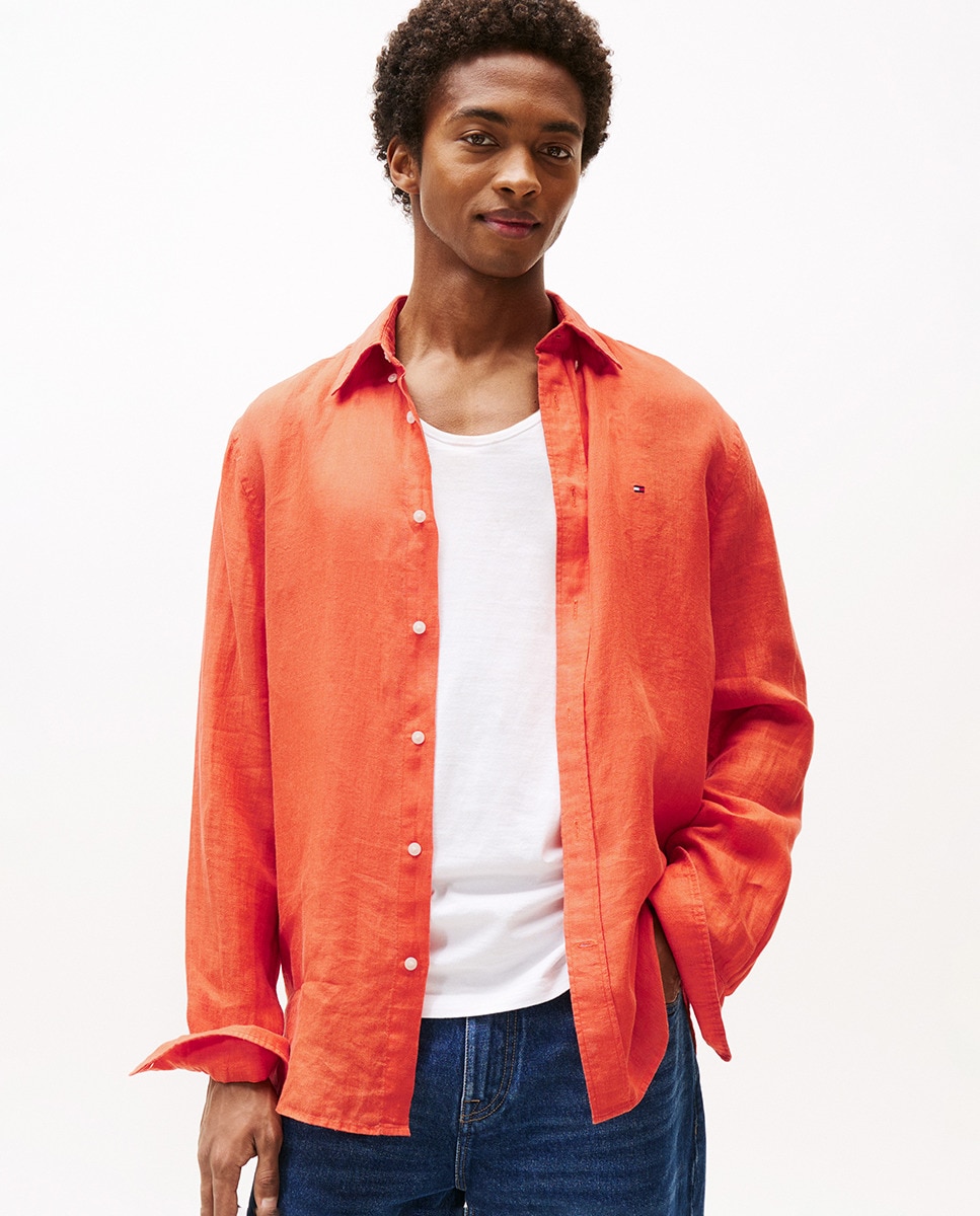 Camisa Lisa de Manga Comprida com Branding Bordado e em Linho Laranja-1