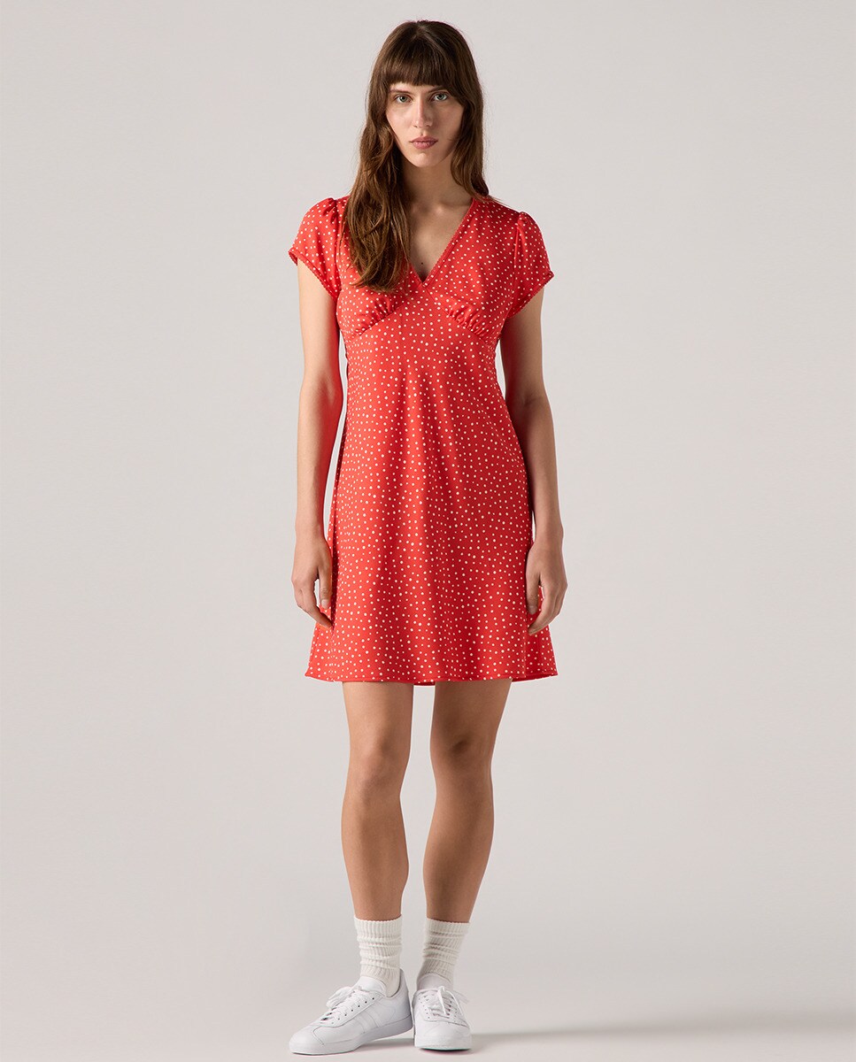 Vestido Curto de Manga Curta com Decote em Bico Vermelho-1