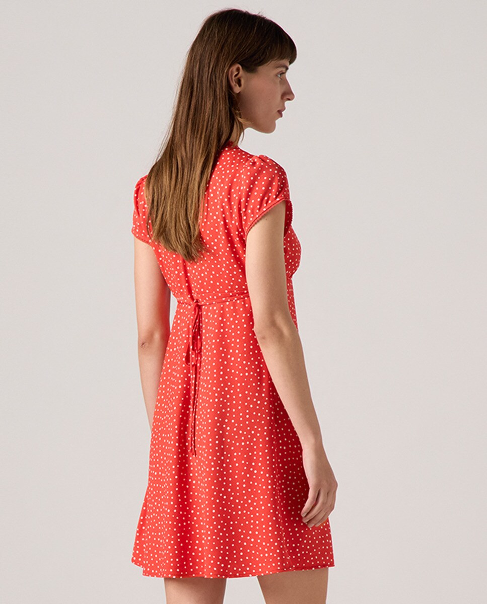 Vestido Curto de Manga Curta com Decote em Bico Vermelho-2