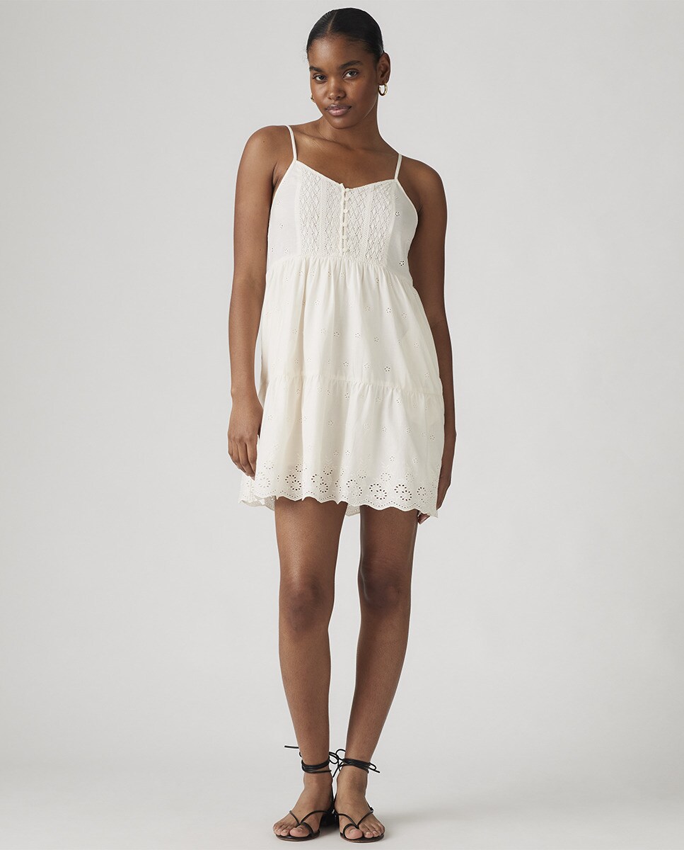 Vestido curto de Alças com Detalhe Rendilhado Cru-1