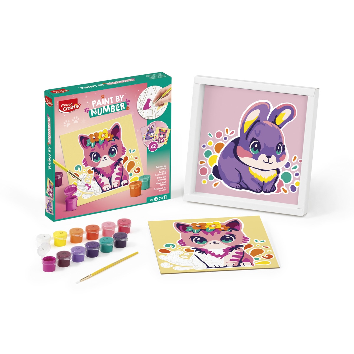 Imagen 0 de Set pinturas acrílicas con dos cuadros numerados gato y conejo, Maped, multicolor.