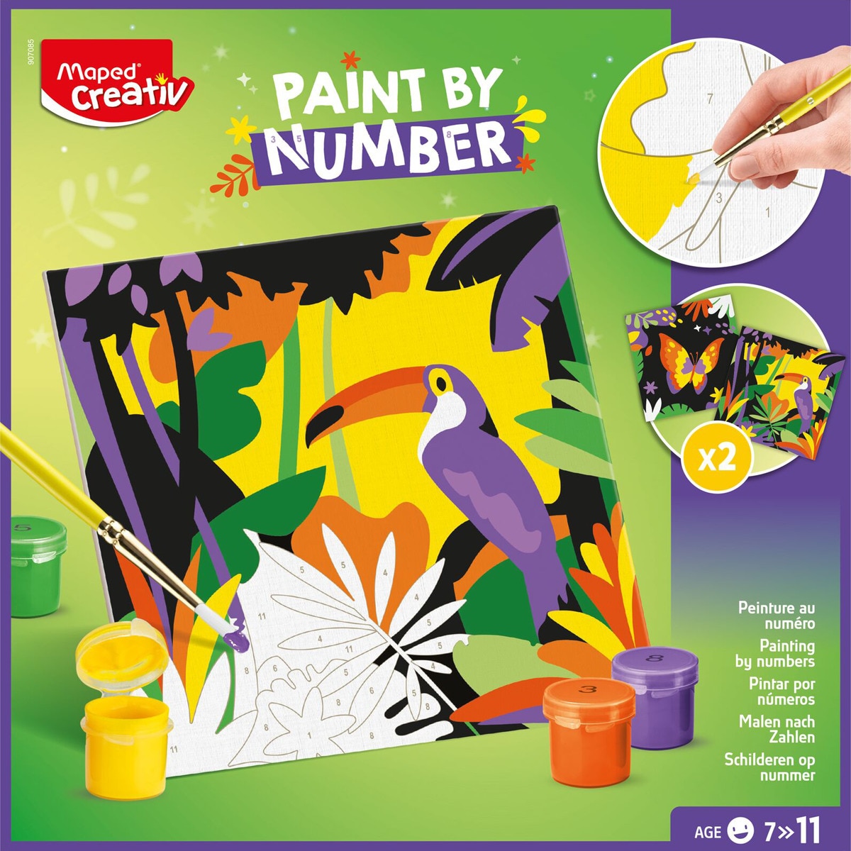 Imagen 0 de Set pinturas acrílicas con dos cuadros numerados loro y mariposa, Maped, multicolor.