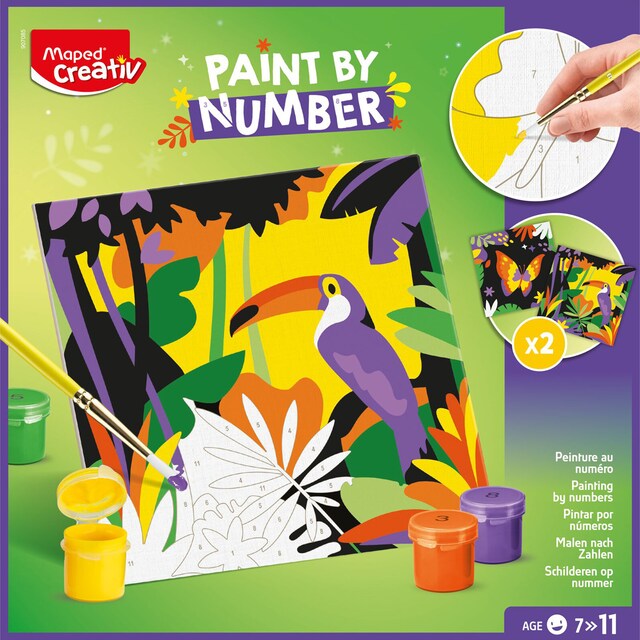 Imagen 0 de Set pinturas acrílicas con dos cuadros numerados loro y mariposa, Maped, multicolor.