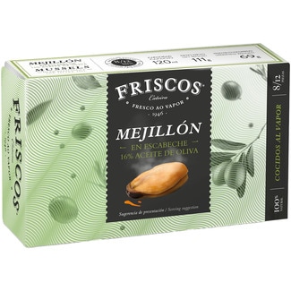 mejillones en escabeche cocidos al vapor 8-12 piezas lata 69 g neto escurrido - Friscos
