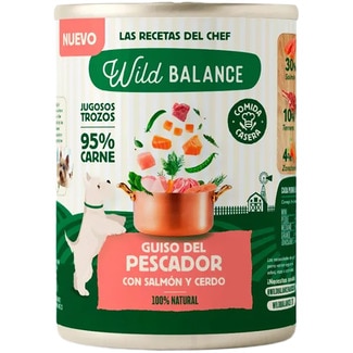 comida húmeda para perros adultos guiso del pescador salmón y cerdo lata 400 g - Wild Balance