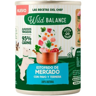 comida húmeda para perros adultos estofado de mercado de pavo y ternera lata 400 g - Wild Balance