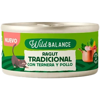 comida húmeda para gatos adultos ragut de ternera y pollo lata 80 g - Wild Balance
