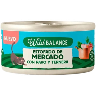 Comida húmeda para gatos adultos estofado de mercado pavo y ternera lata 80 g - Wild Balance
