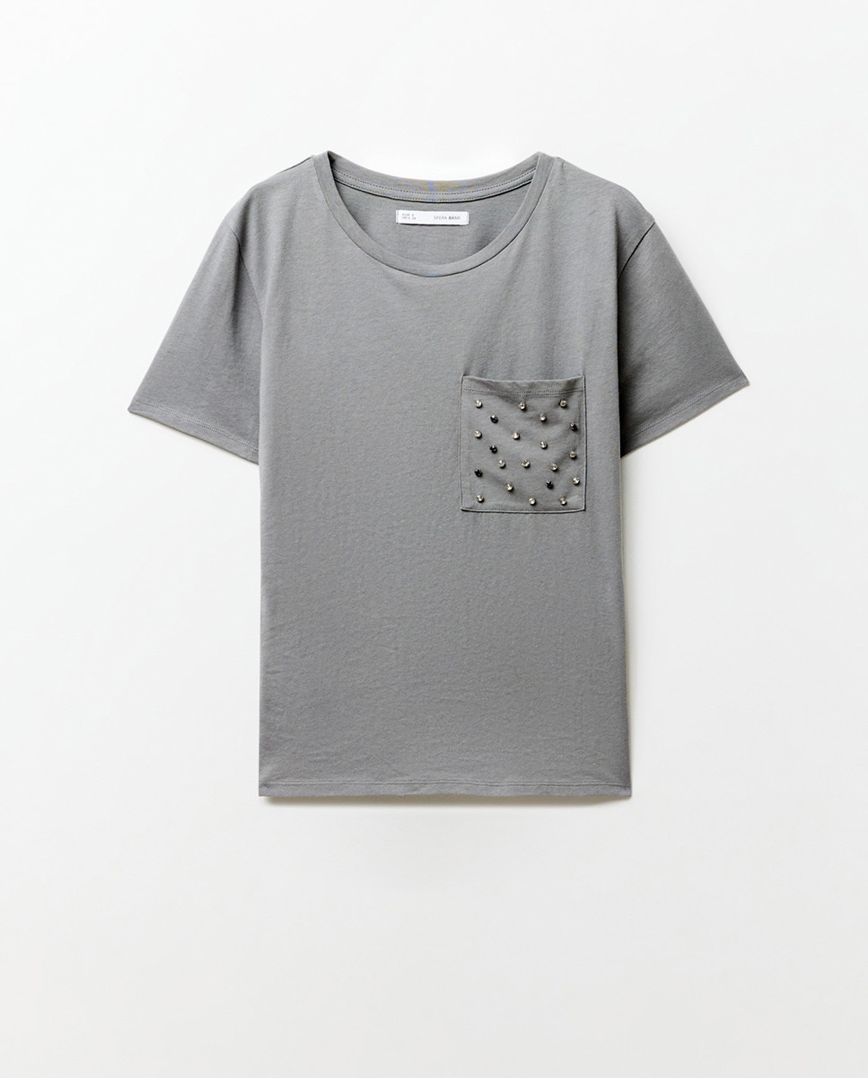 T-shirt com Bolso e Brilhos Cinzento-5
