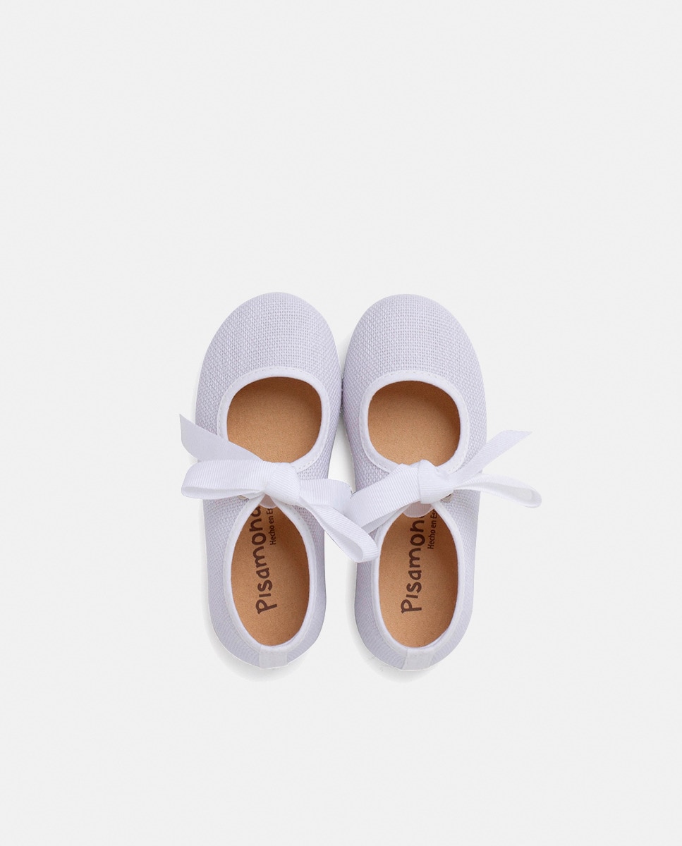 Sapatos de Presilha de Linho com Fecho de Laço e Faixa Cru Branco-4