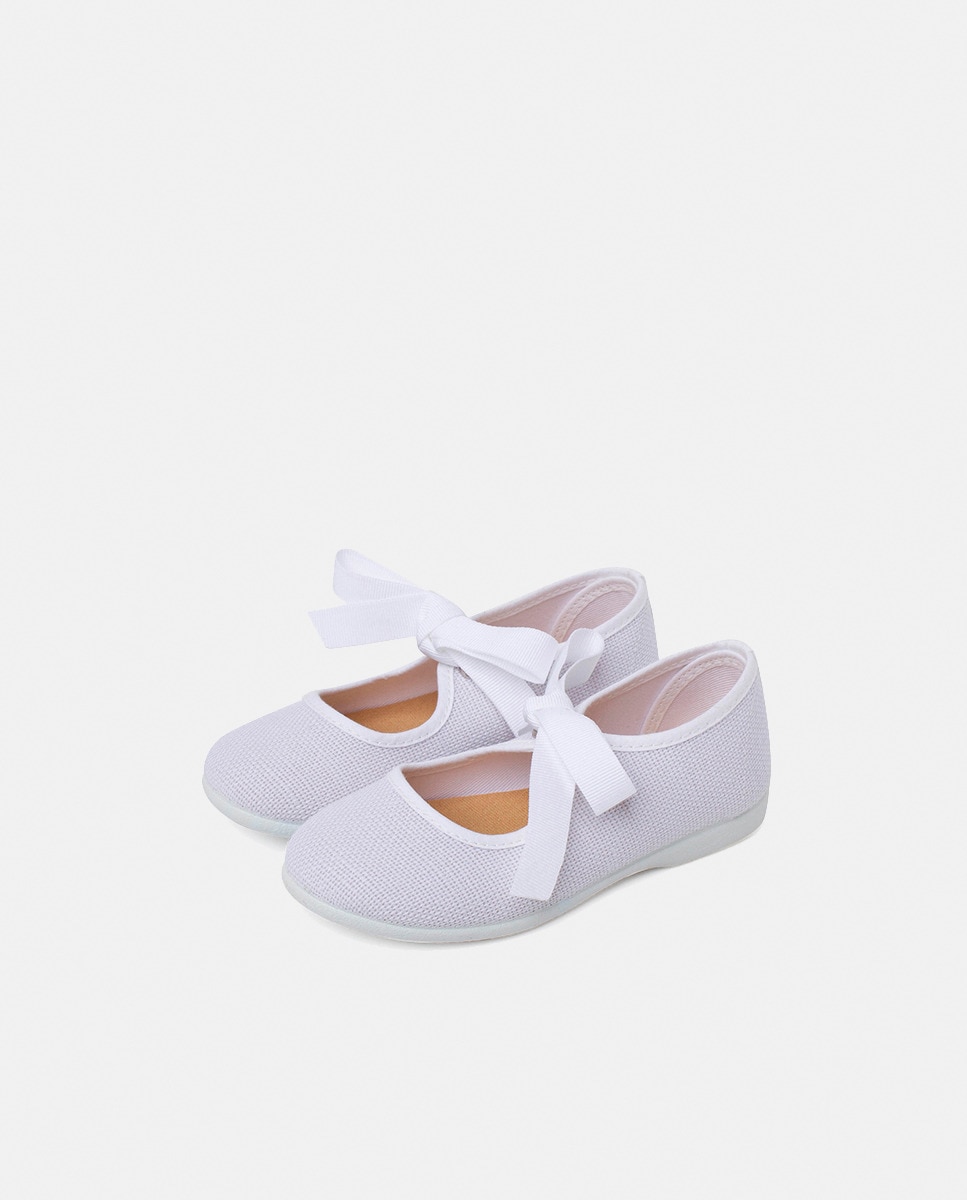 Sapatos de Presilha de Linho com Fecho de Laço e Faixa Cru Branco-3
