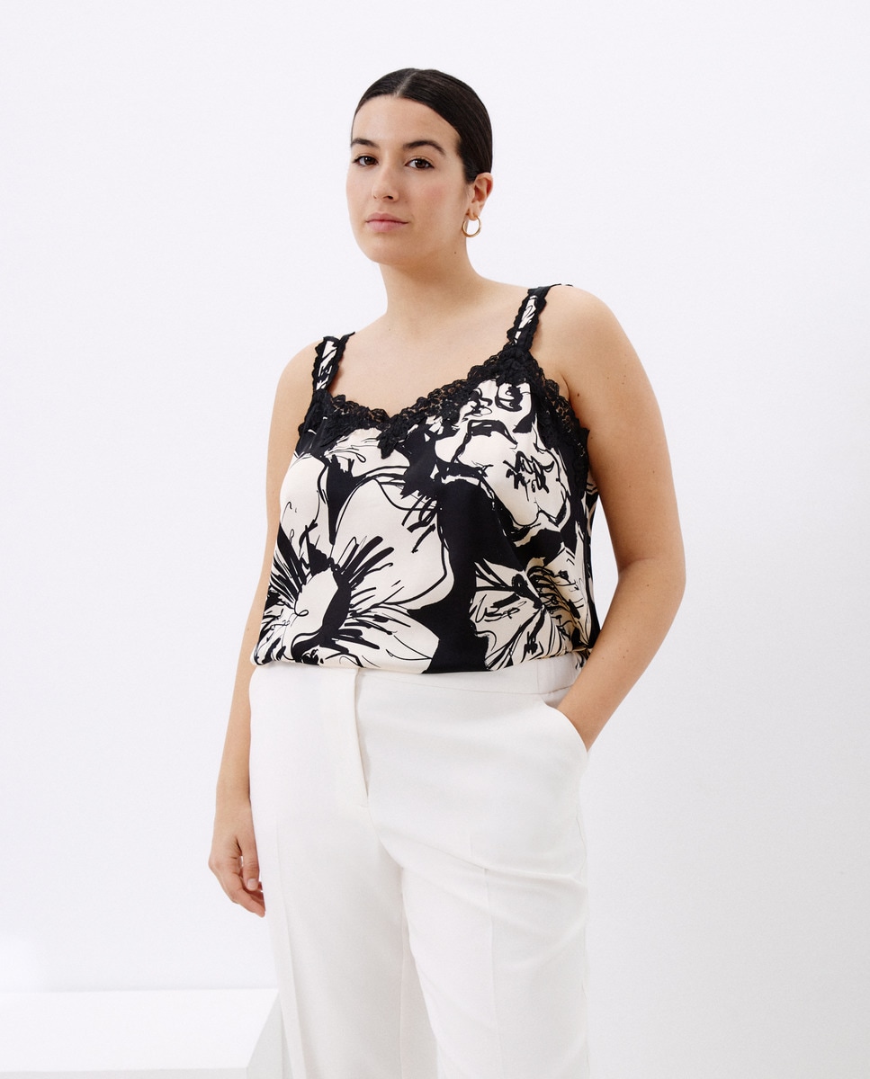 Top com estilo lingerie estampado Preto-2