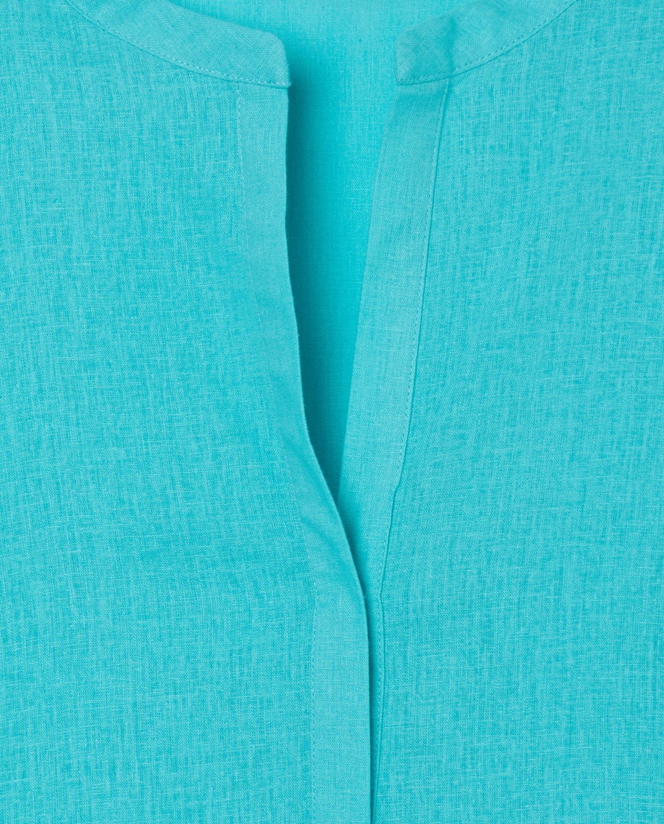 Vestido em Mistura de Linho com Manga Curta 450 Turquesa-5