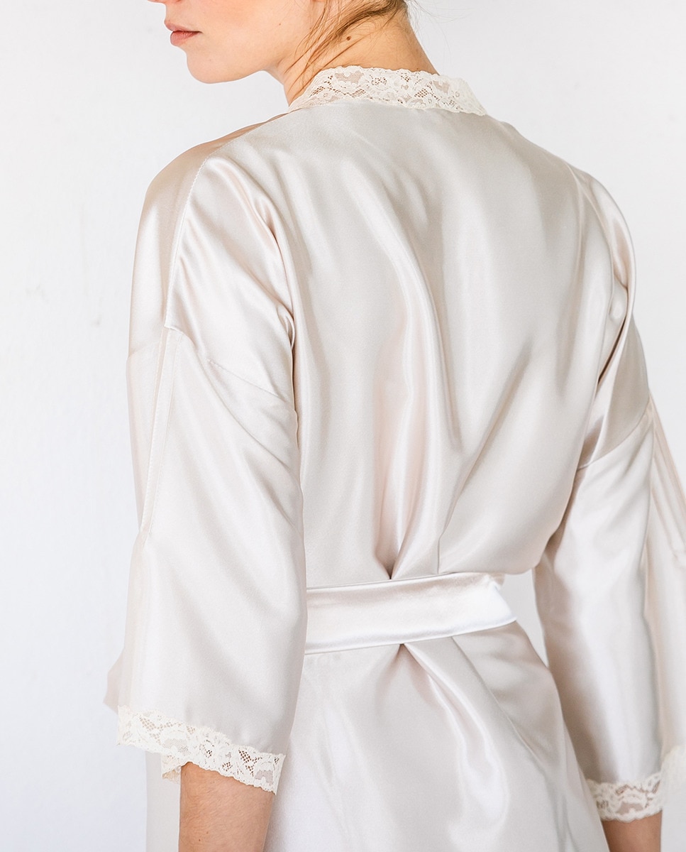 Robe de cetim com pregas e renda Nude-5