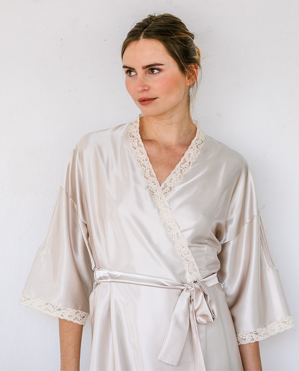Robe de cetim com pregas e renda Nude-3