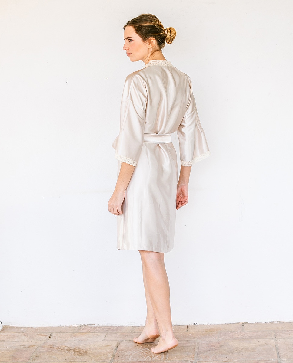 Robe de cetim com pregas e renda Nude-2