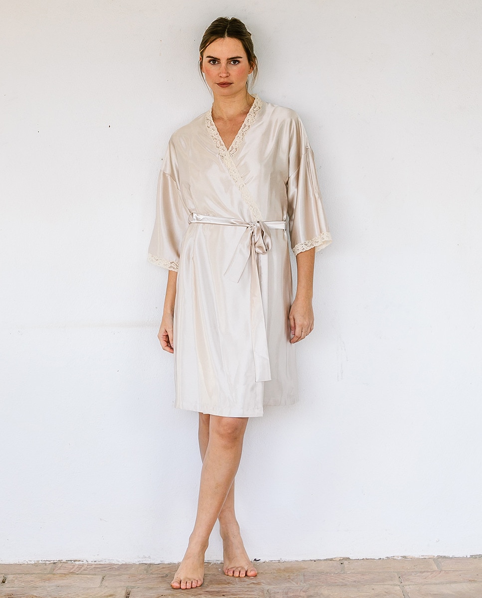 Robe de cetim com pregas e renda Nude-1