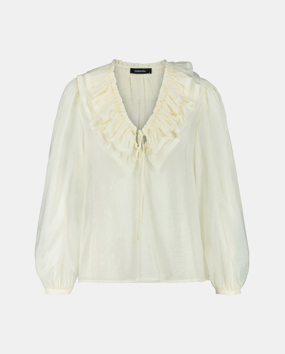 Blusa de Manga Comprida com Folho e Decote em Bico 120 Cru-4